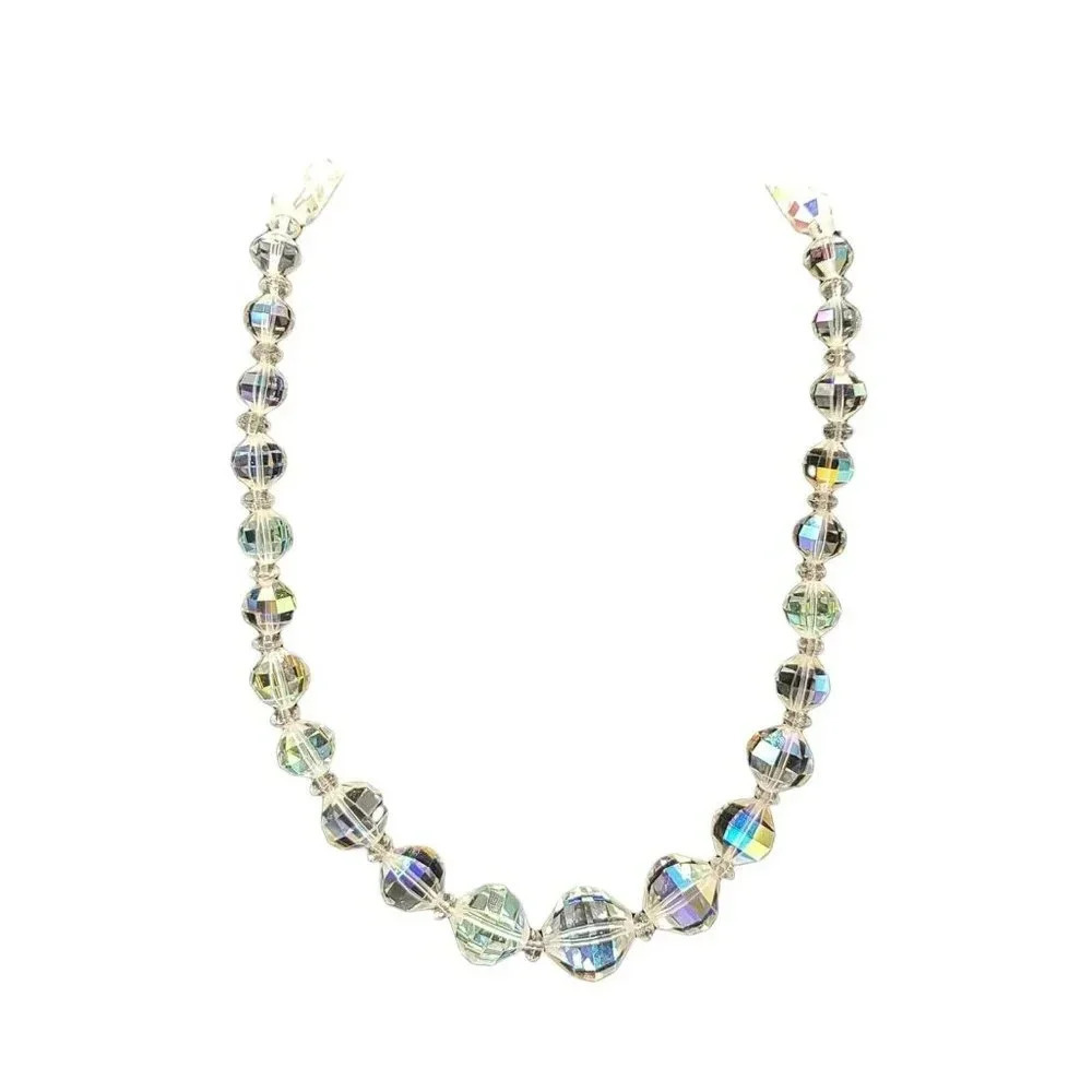 Clear Crystal Glass Bead Beaded Gold Tone Necklace Vintage 20" Length B